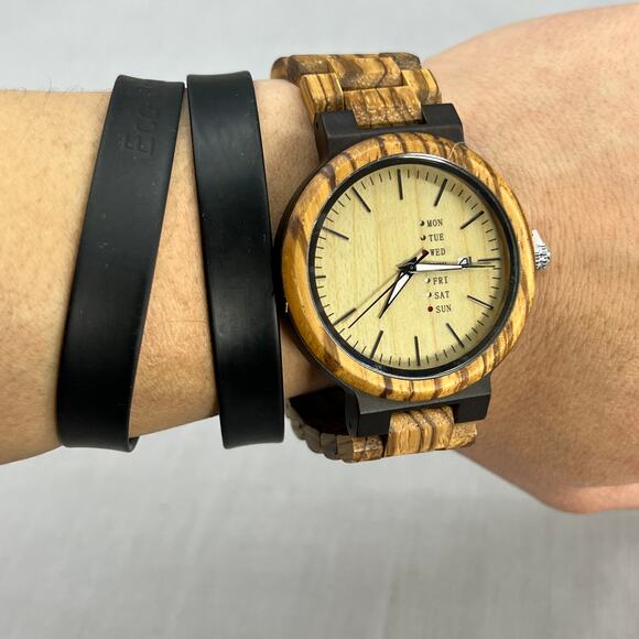 The Wood Forest Nova Wooden Wrist Watch -Tan Ebony-Zebra Wood-Men Watch-Big Face - Picture 9 of 12
